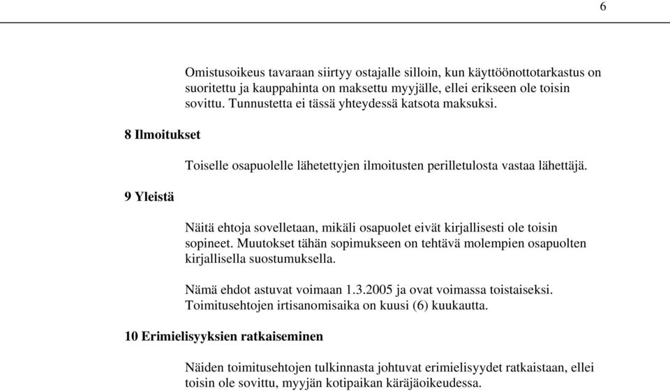 Näitä ehtoja sovelletaan, mikäli osapuolet eivät kirjallisesti ole toisin sopineet. Muutokset tähän sopimukseen on tehtävä molempien osapuolten kirjallisella suostumuksella.