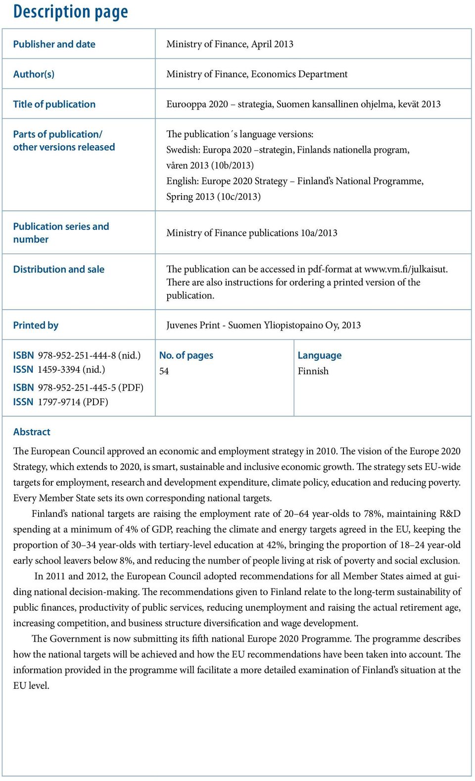 Strategy Finland s National Programme, Spring 2013 (10c/2013) Publication series and number Ministry of Finance publications 10a/2013 Distribution and sale The publication can be accessed in