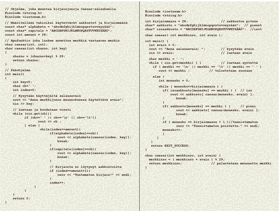 28; // Apufunktio joka laskee annettua merkkiä vastaavan merkin char caesar(int, int); char caesar(int charno, int key) { charno = (charno+key) % 29; return charno; // Pääohjelma int main() { int