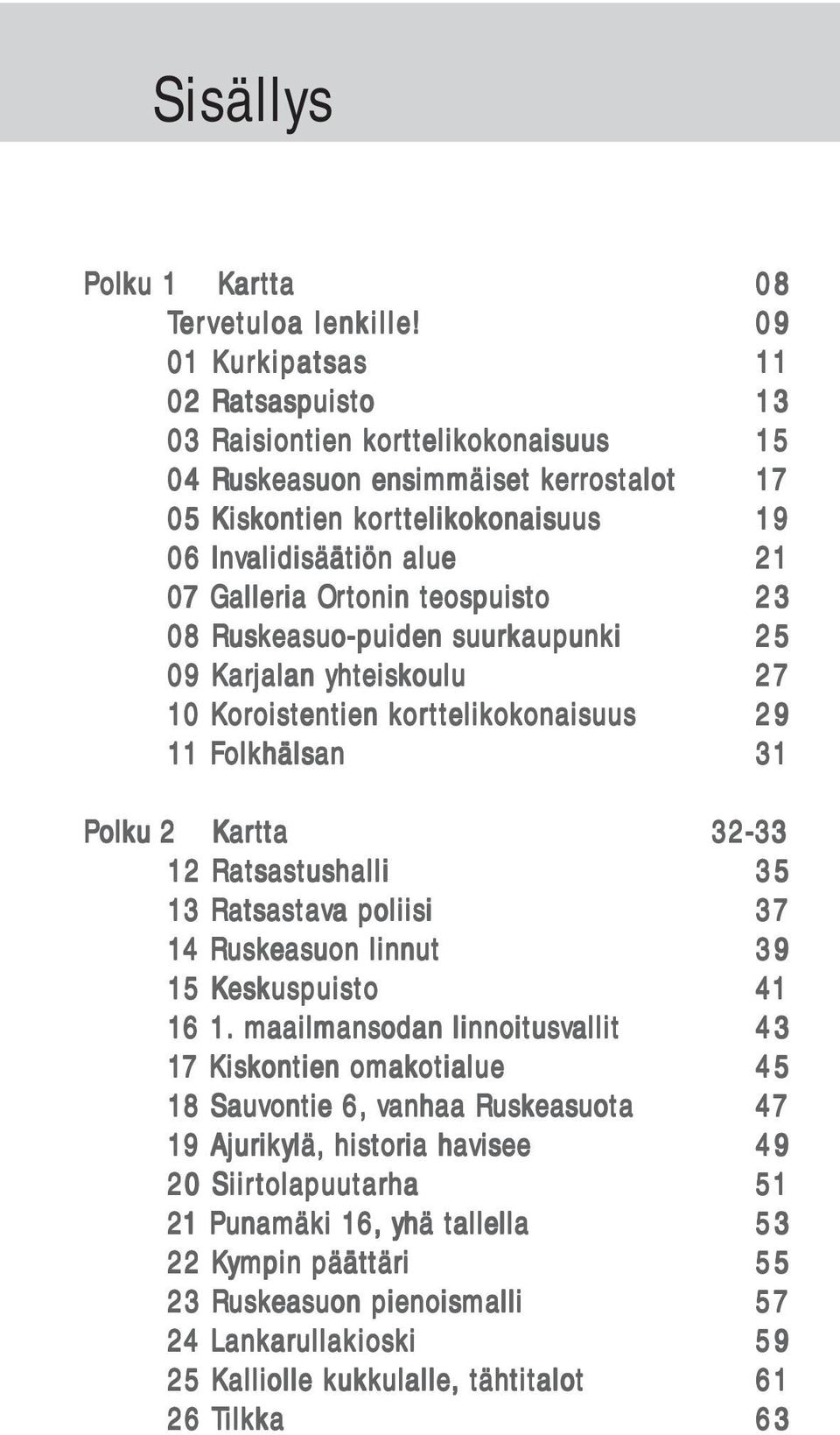 okonaisuus onaisuus 19 06 Invalidisäätiön alue 21 07 Galleria Ortonin teospuis eospuisto 23 08 Rusk uskeasuo-puiden suurkaupunki 25 09 Karjalan yhteisk eiskoulu 27 10 Kor orois oistentien kor ortt