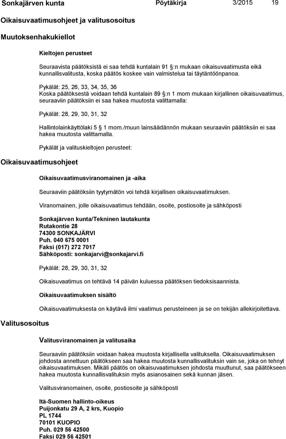 Pykälät: 25, 26, 33, 34, 35, 36 Koska päätöksestä voidaan tehdä kuntalain 89 :n 1 mom mukaan kirjallinen oikaisuvaatimus, seu raa viin päätök siin ei saa hakea muutosta valittamalla: Pykälät: 28, 29,