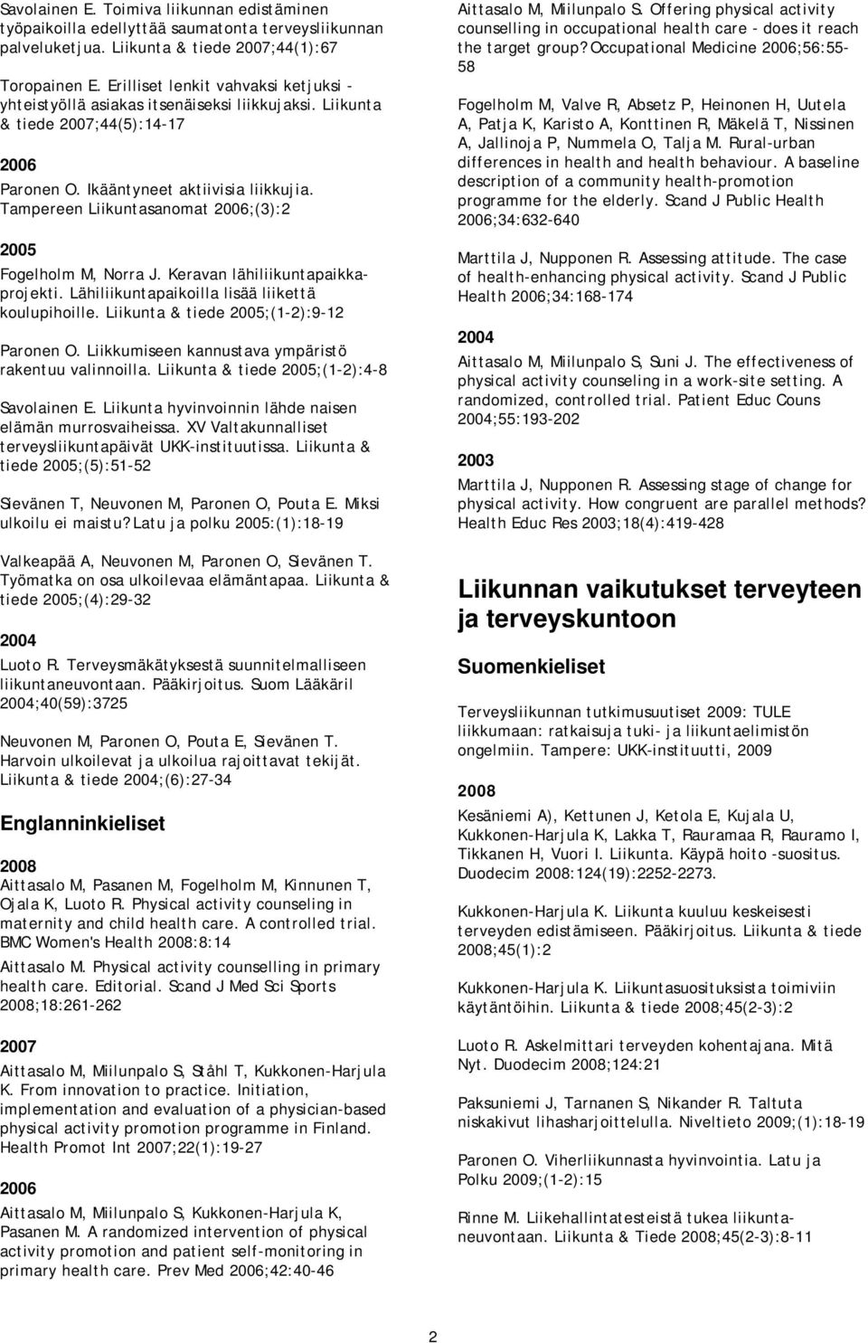Tampereen Liikuntasanomat ;(3):2 Fogelholm M, Norra J. Keravan lähiliikuntapaikkaprojekti. Lähiliikuntapaikoilla lisää liikettä koulupihoille. Liikunta & tiede ;(1-2):9-12 Paronen O.