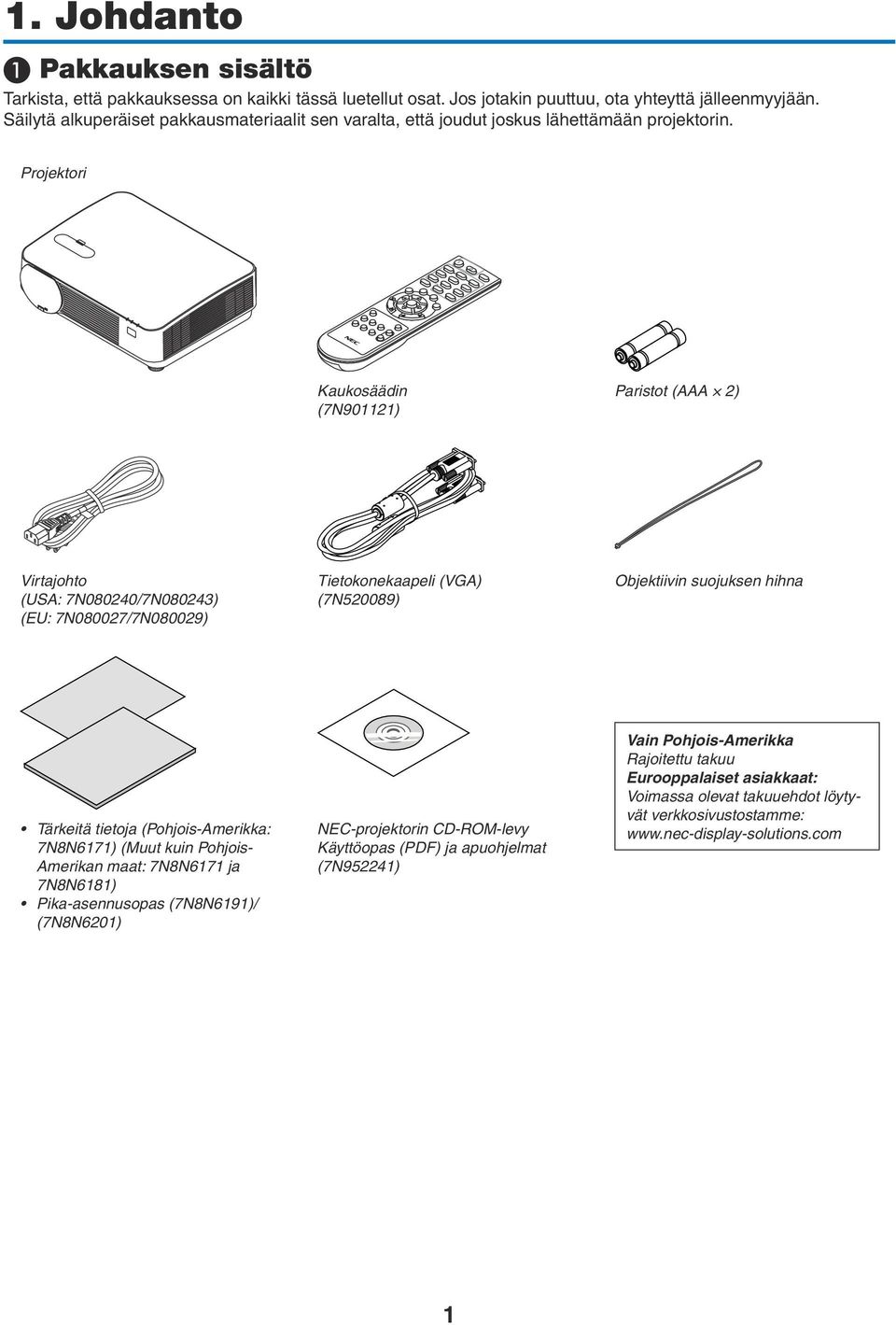 Projektori Kaukosäädin (7N901121) Paristot (AAA 2) Virtajohto (USA: 7N080240/7N080243) (EU: 7N080027/7N080029) Tietokonekaapeli (VGA) (7N520089) Objektiivin suojuksen hihna Tärkeitä tietoja