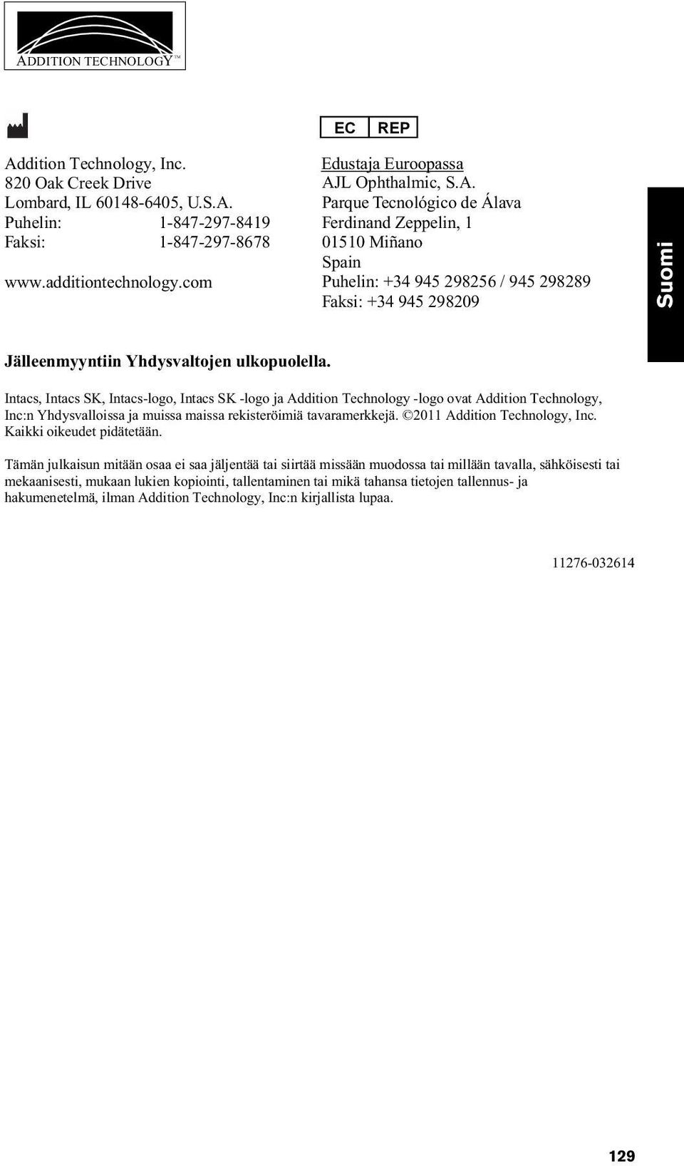 L Ophthalmic, S.A. Parque Tecnológico de Álava Ferdinand Zeppelin, 1 01510 Miñano Spain Puhelin: +34 945 298256 / 945 298289 Faksi: +34 945 298209 Suomi Jälleenmyyntiin Yhdysvaltojen ulkopuolella.