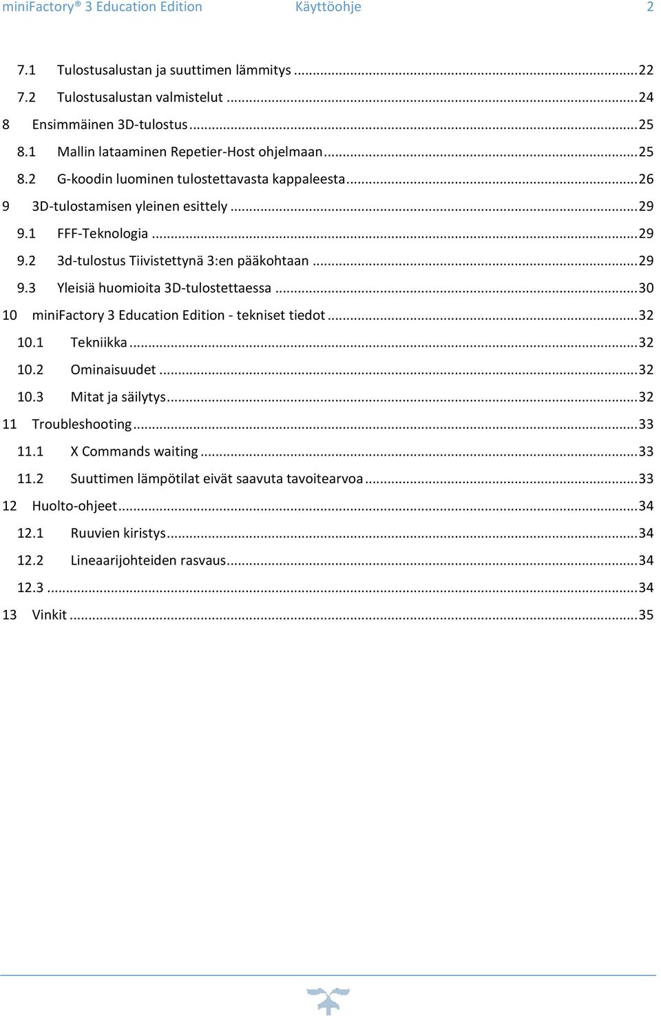 .. 29 9.3 Yleisiä huomioita 3D-tulostettaessa... 30 10 minifactory 3 Education Edition - tekniset tiedot... 32 10.1 Tekniikka... 32 10.2 Ominaisuudet... 32 10.3 Mitat ja säilytys.