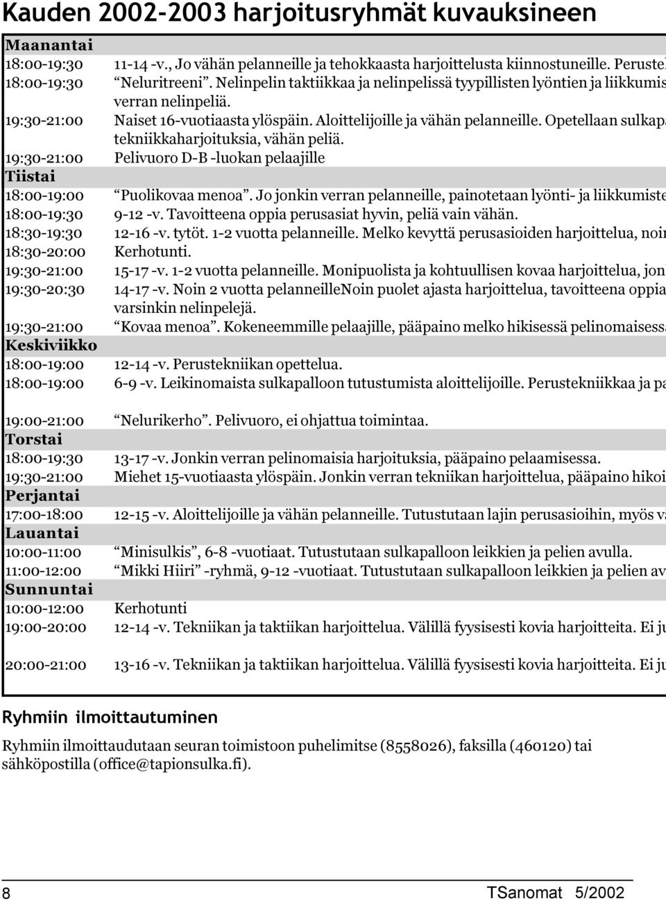 Naiset 6-vuotiaasta ylöspäin. Aloittelijoille ja vähän pelanneille. Opetellaan sulkapa tekniikkaharjoituksia, vähän peliä. Pelivuoro D-B -luokan pelaajille Puolikovaa menoa.