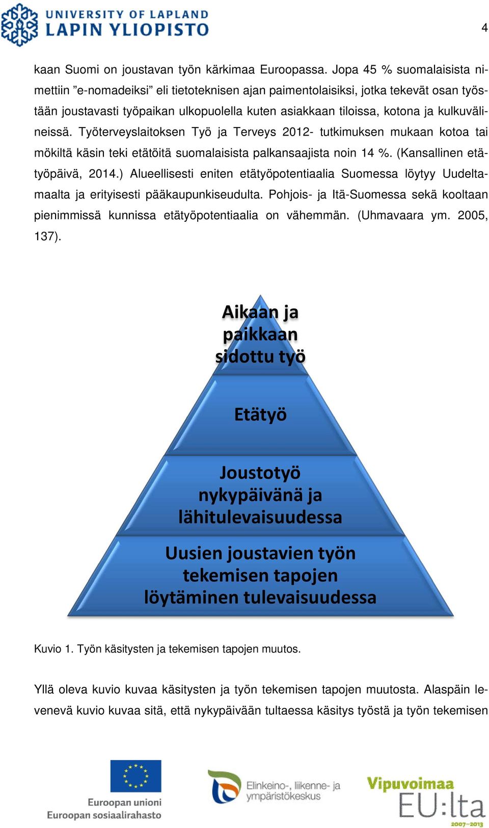 kulkuvälineissä. Työterveyslaitoksen Työ ja Terveys 2012- tutkimuksen mukaan kotoa tai mökiltä käsin teki etätöitä suomalaisista palkansaajista noin 14 %. (Kansallinen etätyöpäivä, 2014.
