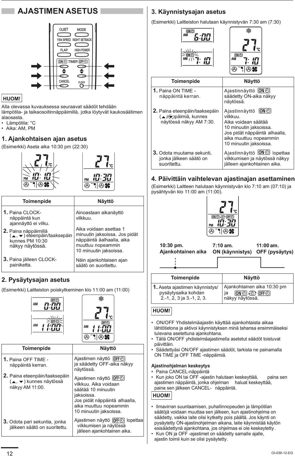 löytyvät kaukosäätimen alaosasta. Lämpötila: C Aika: AM, PM 1. Ajankohtaisen ajan asetus (Esimerkki) Aseta aika 10:30 pm (22:30) 1. Paina ON TIME - näppäintä kerran. 2.