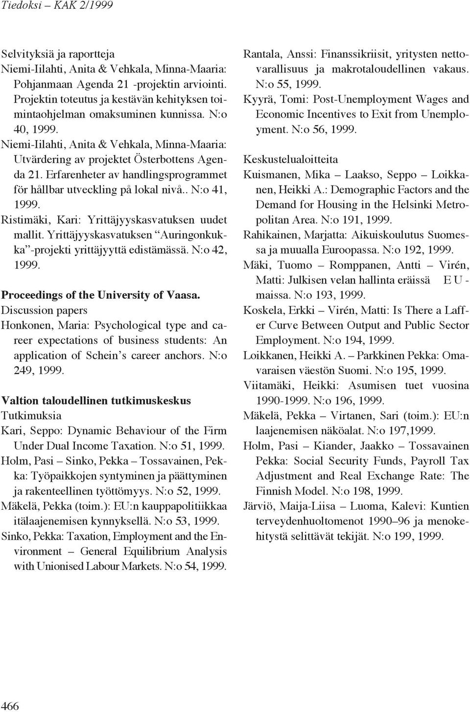 . N:o 41, Ristimäki, Kari: Yrittäjyyskasvatuksen uudet mallit. Yrittäjyyskasvatuksen Auringonkukka -projekti yrittäjyyttä edistämässä. N:o 42, Proceedings of the University of Vaasa.