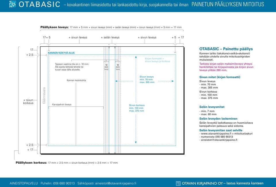 10 mm taive 10 mm taive Kirjan formaatti = sivun leveys ja korkeus OTABASIC Painettu päällys Kannen taitto (takakansi+selkä+etukansi) tehdään yhdelle sivulle mitoitusohjeiden mukaisesti.