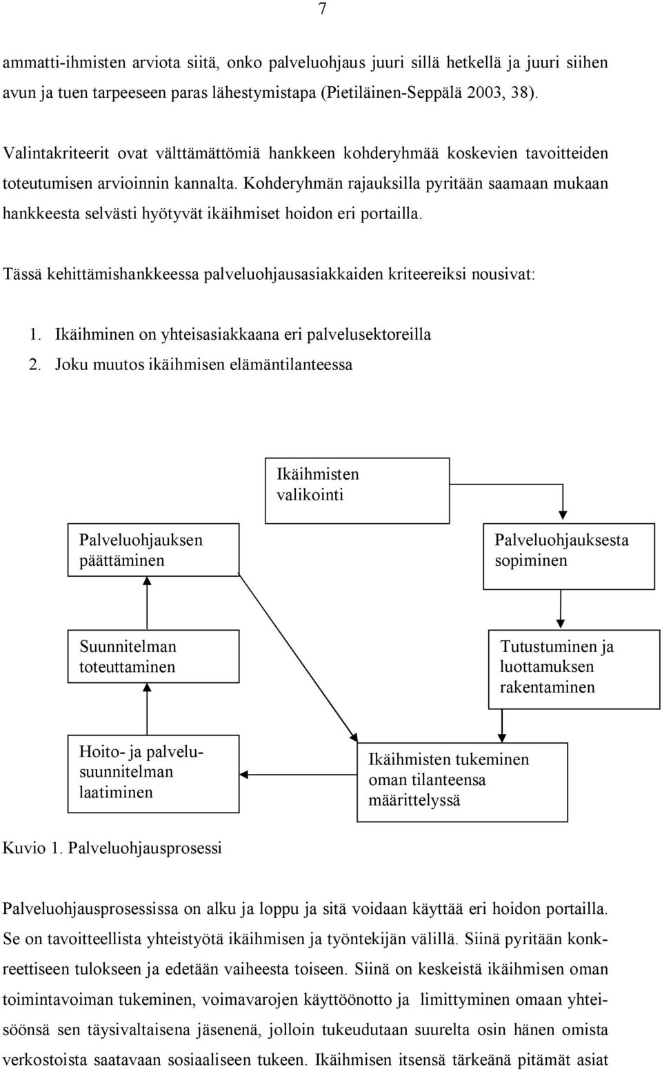 Kohderyhmän rajauksilla pyritään saamaan mukaan hankkeesta selvästi hyötyvät ikäihmiset hoidon eri portailla. Tässä kehittämishankkeessa palveluohjausasiakkaiden kriteereiksi nousivat: 1.