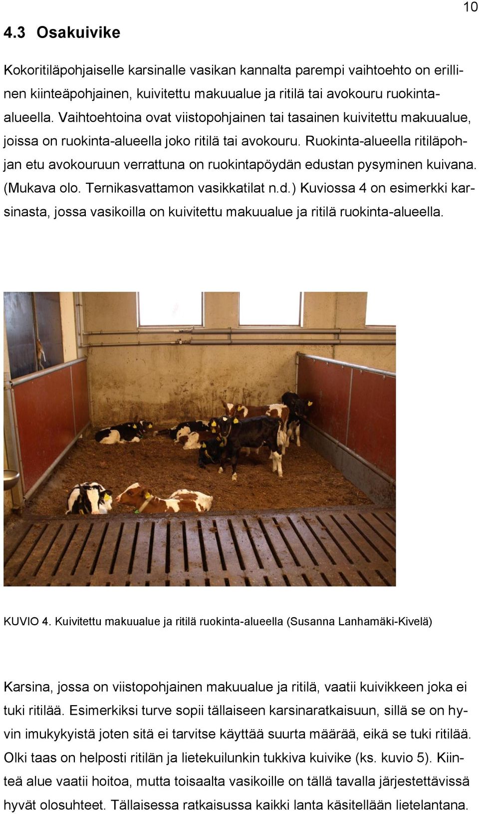 Ruokinta-alueella ritiläpohjan etu avokouruun verrattuna on ruokintapöydän edustan pysyminen kuivana. (Mukava olo. Ternikasvattamon vasikkatilat n.d.) Kuviossa 4 on esimerkki karsinasta, jossa vasikoilla on kuivitettu makuualue ja ritilä ruokinta-alueella.