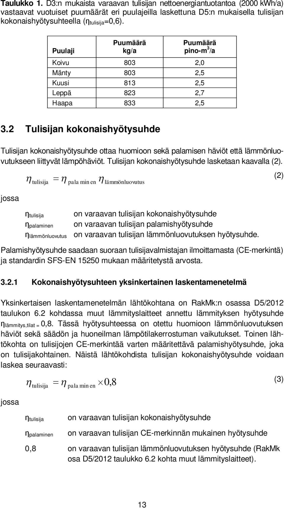 Puulaji Puumäärä kg/a Puumäärä pino-m 3 /a Koivu 803 2,0 Mänty 803 2,5 Kuusi 813 2,5 Leppä 823 2,7 Haapa 833 2,5 3.