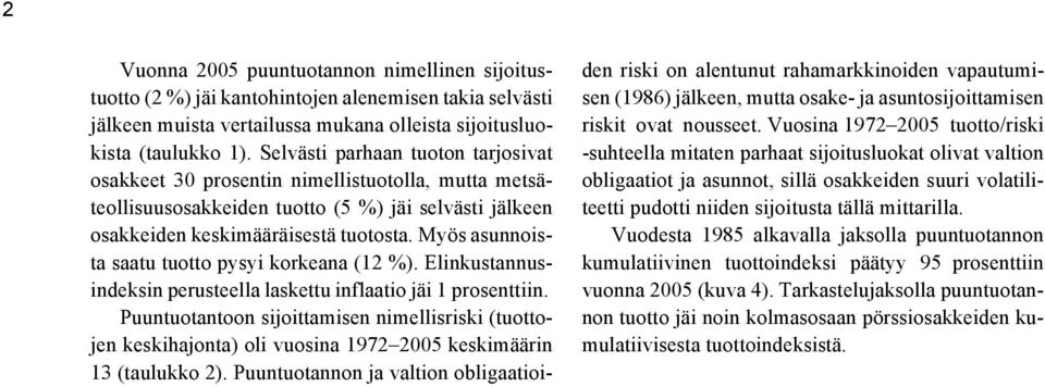 Myös asunnoista saatu tuotto pysyi korkeana (12 %). Elinkustannusindeksin perusteella laskettu inflaatio jäi 1 prosenttiin.