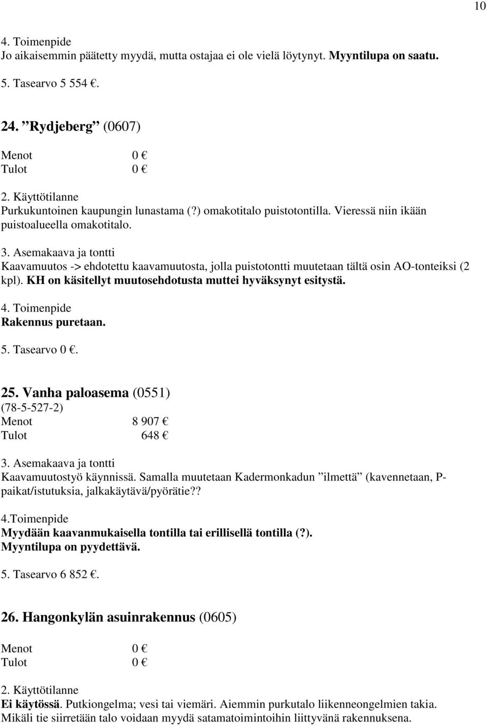 KH on käsitellyt muutosehdotusta muttei hyväksynyt esitystä. Rakennus puretaan. 25. Vanha paloasema (0551) (78-5-527-2) Menot 8 907 Tulot 648 Kaavamuutostyö käynnissä.