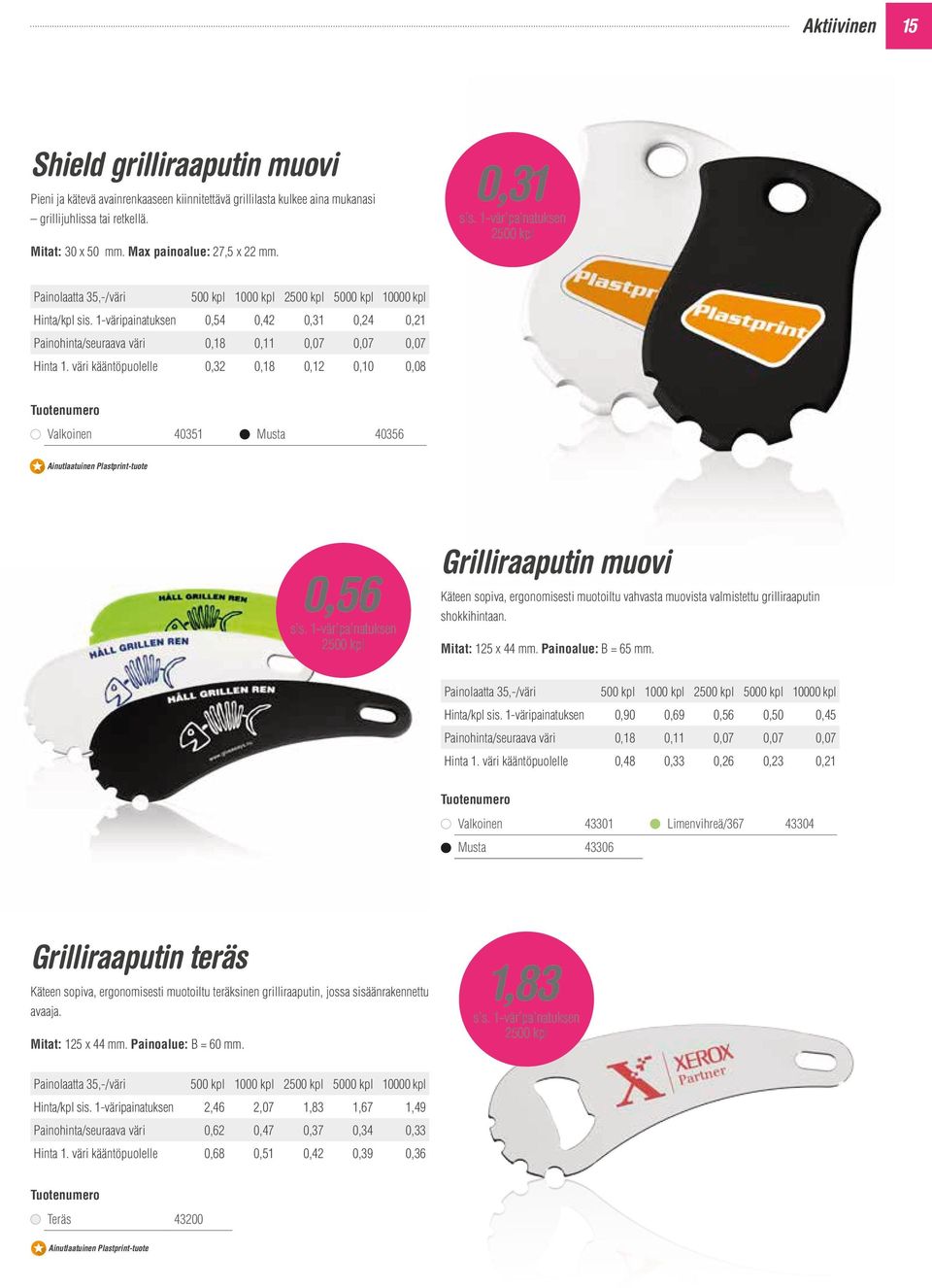 väri kääntöpuolelle 0,32 0,18 0,12 0,10 0,08 Valkoinen 40351 Musta 40356 Ainutlaatuinen Plastprint-tuote 0,56 2500 kpl Grilliraaputin muovi Käteen sopiva, ergonomisesti muotoiltu vahvasta muovista