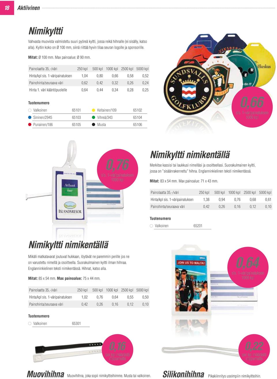 Painolaatta 35,-/väri 250 kpl 500 kpl 2500 kpl 5000 kpl Hinta/kpl 1,04 0,80 0,66 0,58 0,52 Painohinta/seuraava väri 0,62 0,42 0,32 0,26 0,24 Hinta 1.