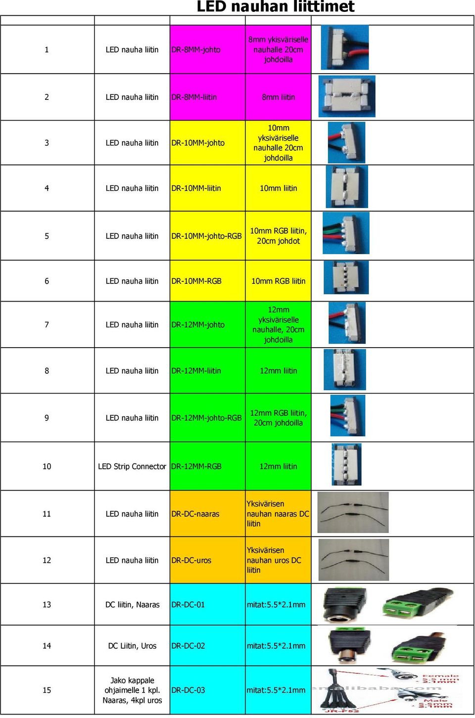 DR-12MM-johto 12mm yksiväriselle nauhalle, 20cm johdoilla 8 LED nauha liitin DR-12MM-liitin 12mm liitin 9 LED nauha liitin DR-12MM-johto-RGB 12mm RGB liitin, 20cm johdoilla 10 LED Strip Connector