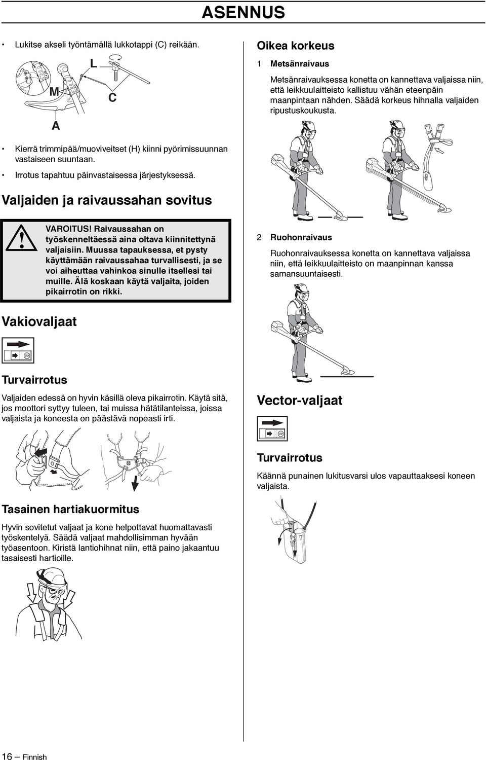 Säädä korkeus hihnalla valjaiden ripustuskoukusta. Kierrä trimmipää/muoviveitset (H) kiinni pyörimissuunnan vastaiseen suuntaan. Irrotus tapahtuu päinvastaisessa järjestyksessä.