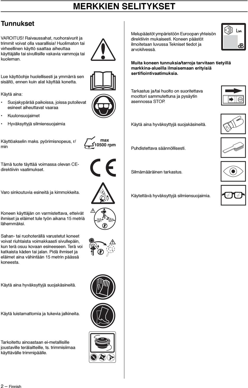 Käytä aina: Suojakypärää paikoissa, joissa putoilevat esineet aiheuttavat vaaraa Kuulonsuojaimet Hyväksyttyjä silmiensuojaimia Melupäästöt ympäristöön Euroopan yhteisön direktiivin mukaisesti.