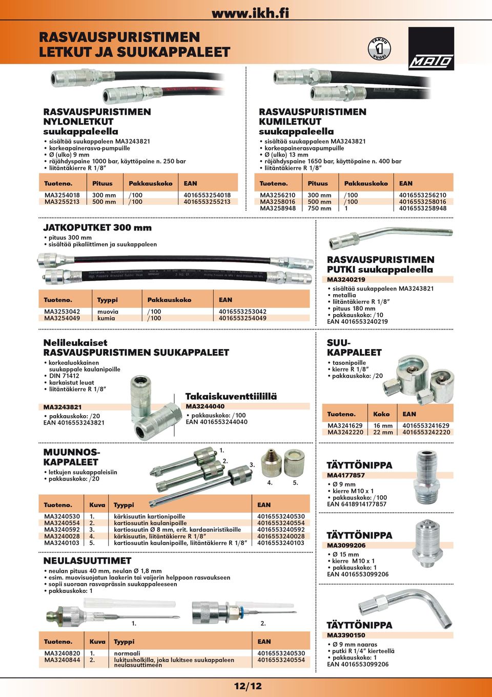 Pituus Pakkauskoko EAN MA3254018 300 mm /100 4016553254018 MA3255213 500 mm /100 4016553255213 RASVAUSPURISTIMEN KUMILETKUT suukappaleella sisältää suukappaleen MA3243821 korkeapainerasvapumpuille Ø