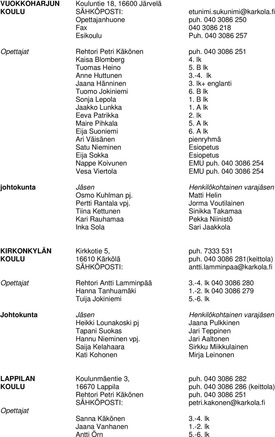 lk Maire Pihkala 5. A lk Eija Suoniemi 6. A lk Ari Väisänen pienryhmä Satu Nieminen Esiopetus Eija Sokka Esiopetus Nappe Koivunen EMU puh. 040 3086 254 Vesa Viertola EMU puh.