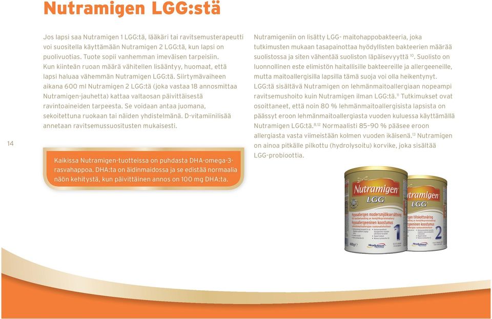 Siirtymävaiheen aikana 600 ml Nutramigen 2 LGG:tä (joka vastaa 18 annosmittaa Nutramigen-jauhetta) kattaa valtaosan päivittäisestä ravintoaineiden tarpeesta.