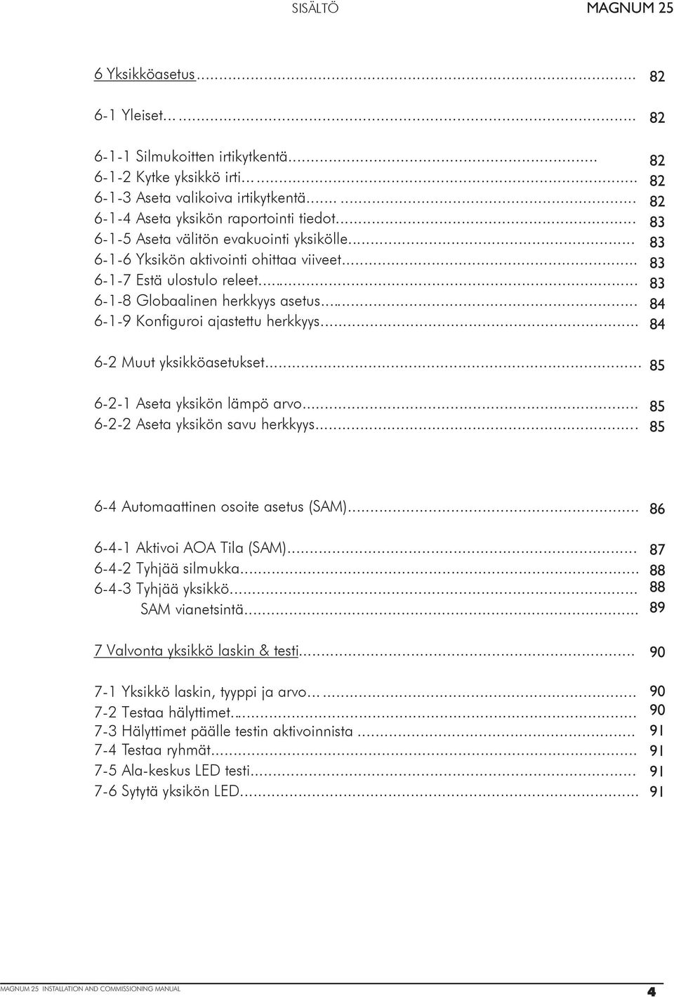 .. 6-2 Muut yksikköasetukset... 6-2-1 Aseta yksikön lämpö arvo..... 6-2-2 Aseta yksikön savu herkkyys.... 82 82 82 82 82 83 83 83 83 84 84 85 85 85 6-4 Automaattinen osoite asetus (SAM).