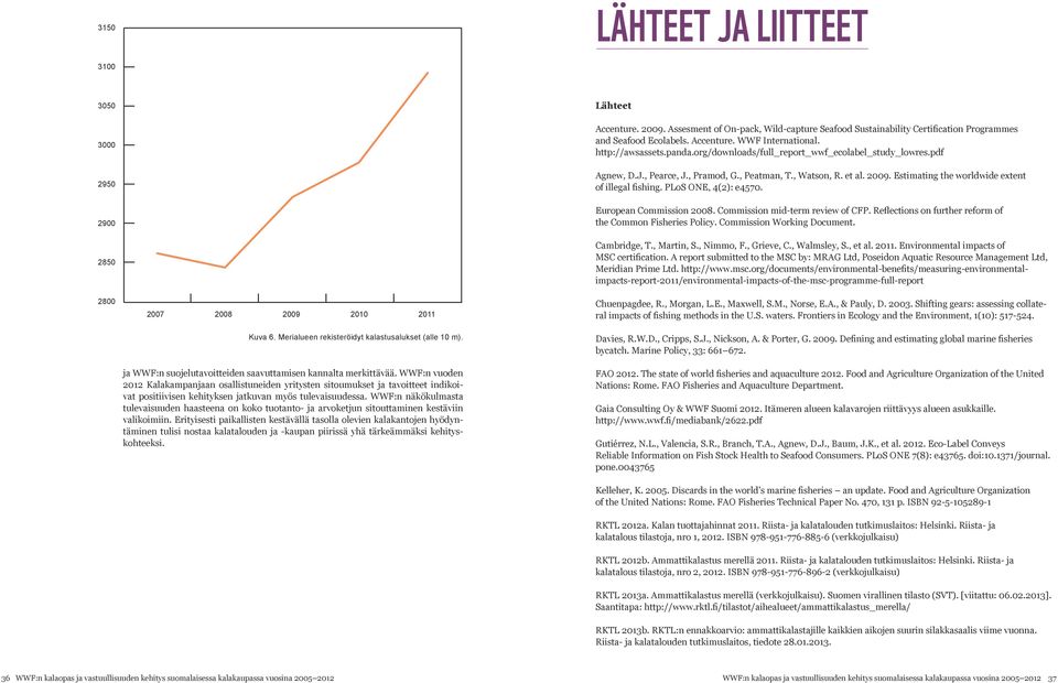 Estimating the worldwide extent of illegal fishing. PLoS ONE, 4(2): e4570. 2900 2850 2800 2007 2008 2009 2010 2011 Kuva 6. Merialueen rekisteröidyt kalastusalukset (alle 10 m).