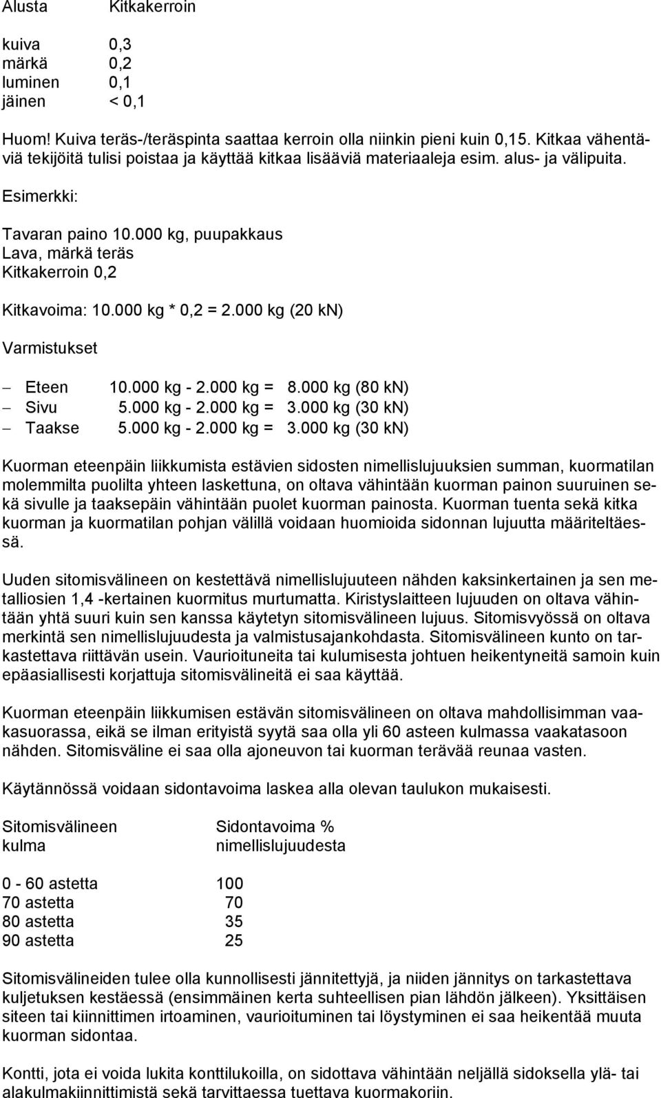 000 kg, puupakkaus Lava, märkä teräs Kitkakerroin 0,2 Kitkavoima: 10.000 kg * 0,2 = 2.000 kg (20 kn) Varmistukset Eteen Sivu Taakse 10.000 kg - 2.000 kg = 8.000 kg (80 kn) 5.000 kg - 2.000 kg = 3.