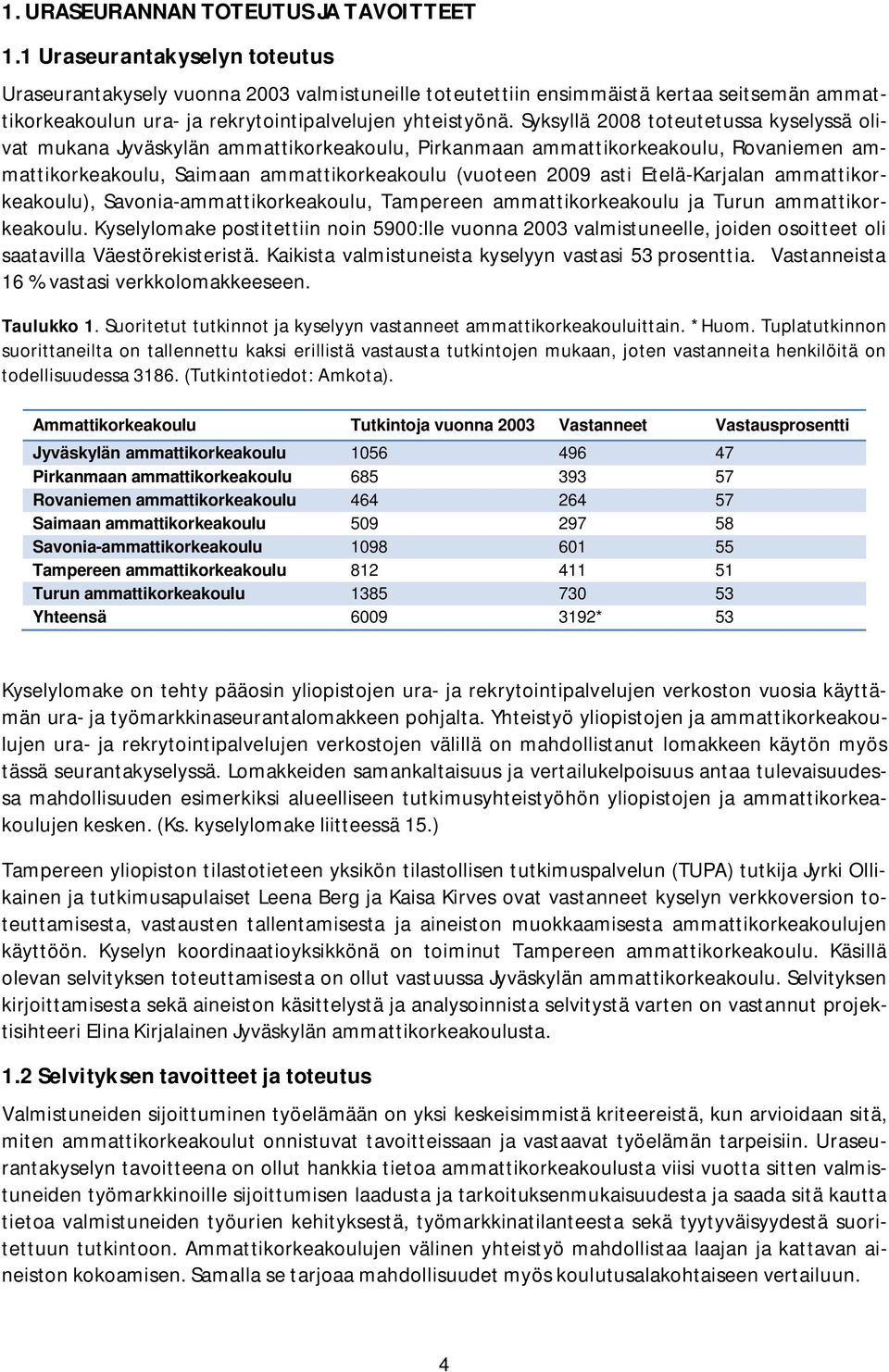 Syksyllä 2008 toteutetussa kyselyssä olivat mukana Jyväskylän ammattikorkeakoulu, Pirkanmaan ammattikorkeakoulu, Rovaniemen ammattikorkeakoulu, Saimaan ammattikorkeakoulu (vuoteen 2009 asti