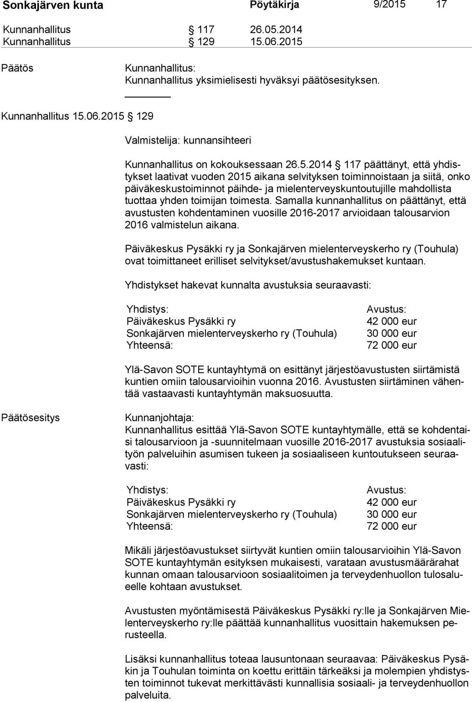 yhden toimijan toimesta. Samalla kunnanhallitus on päättänyt, että avus tus ten kohdentaminen vuosille 2016-2017 arvioidaan talousarvion 2016 valmistelun aikana.