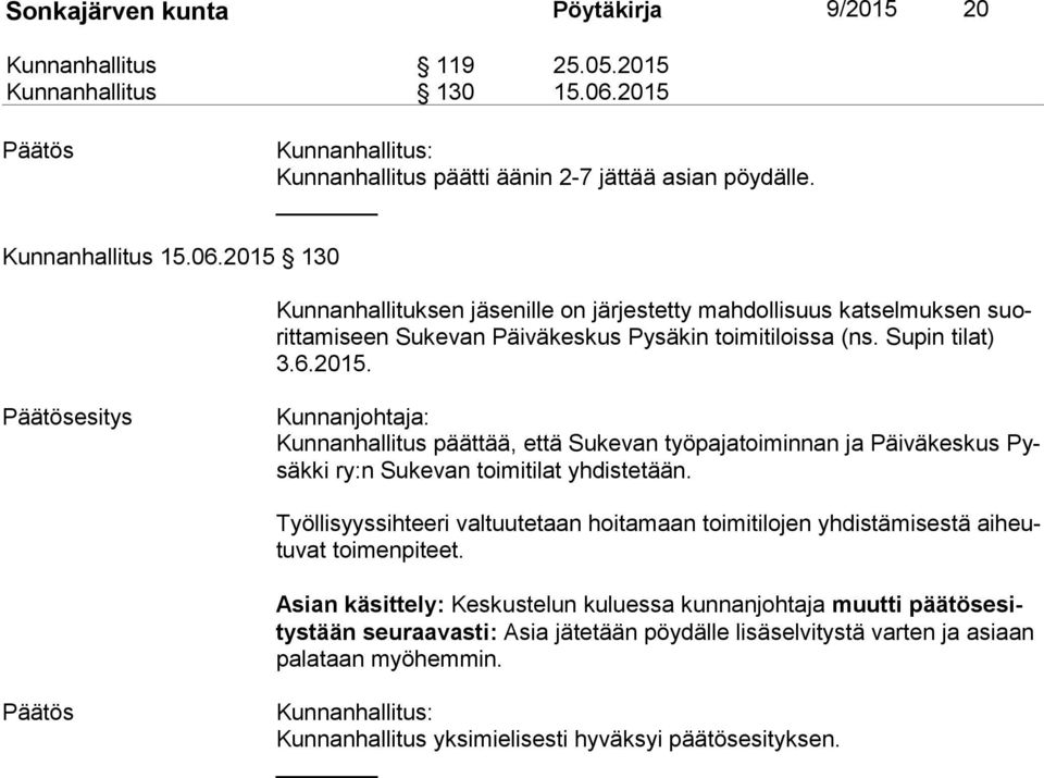 2015 130 Kunnanhallituksen jäsenille on järjestetty mahdollisuus katselmuksen suorit ta mi seen Sukevan Päiväkeskus Pysäkin toimitiloissa (ns. Supin tilat) 3.6.2015. esitys Kunnanjohtaja: Kunnanhallitus päättää, että Sukevan työpajatoiminnan ja Päiväkeskus Pysäk ki ry:n Sukevan toimitilat yhdistetään.