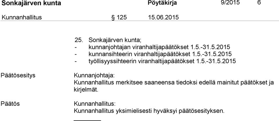 5.-31.5.2015 - työllisyyssihteerin viranhaltijapäätökset 1.5.-31.5.2015 esitys Kunnanjohtaja: Kunnanhallitus