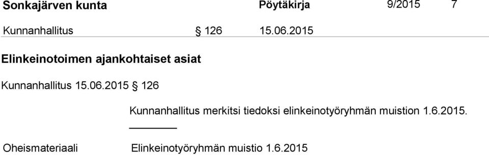 2015 126 Kunnanhallitus merkitsi tiedoksi elinkeinotyöryhmän