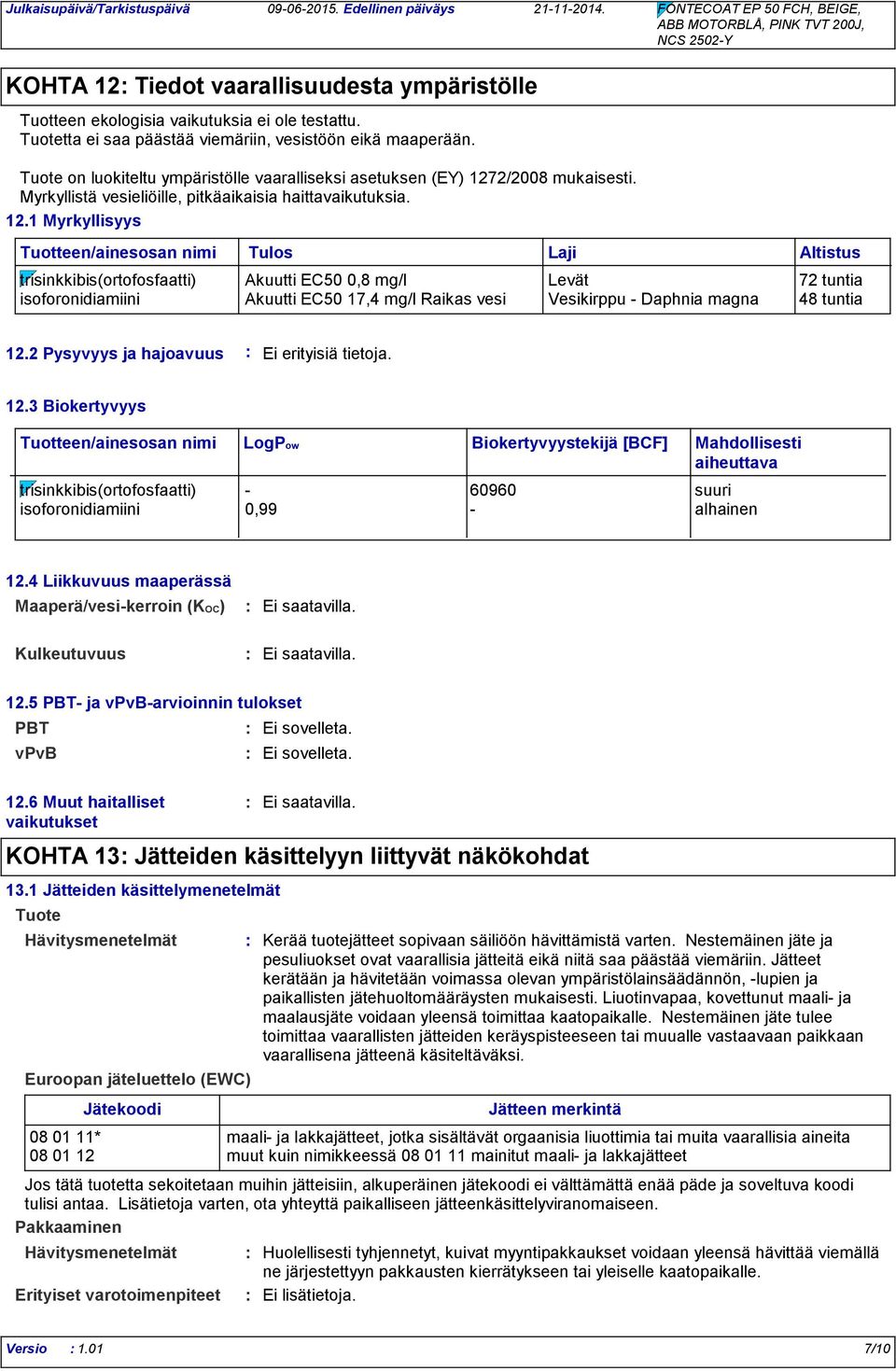 Myrkyllistä vesieliöille, pitkäaikaisia haittavaikutuksia. 12.