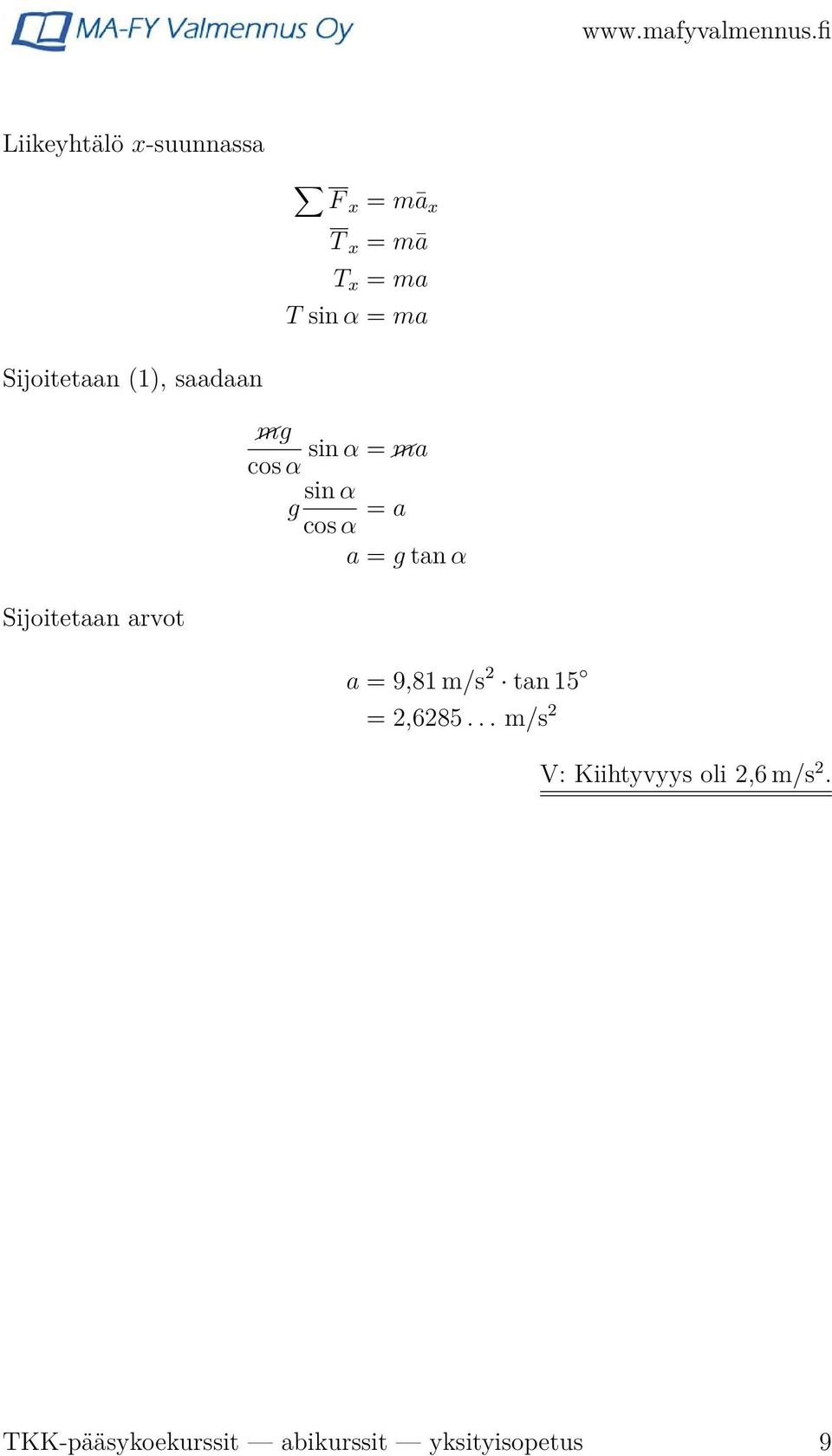 α cos α = a a = g tan α a = 9,81 m/s 2 tan 15 = 2,6285.