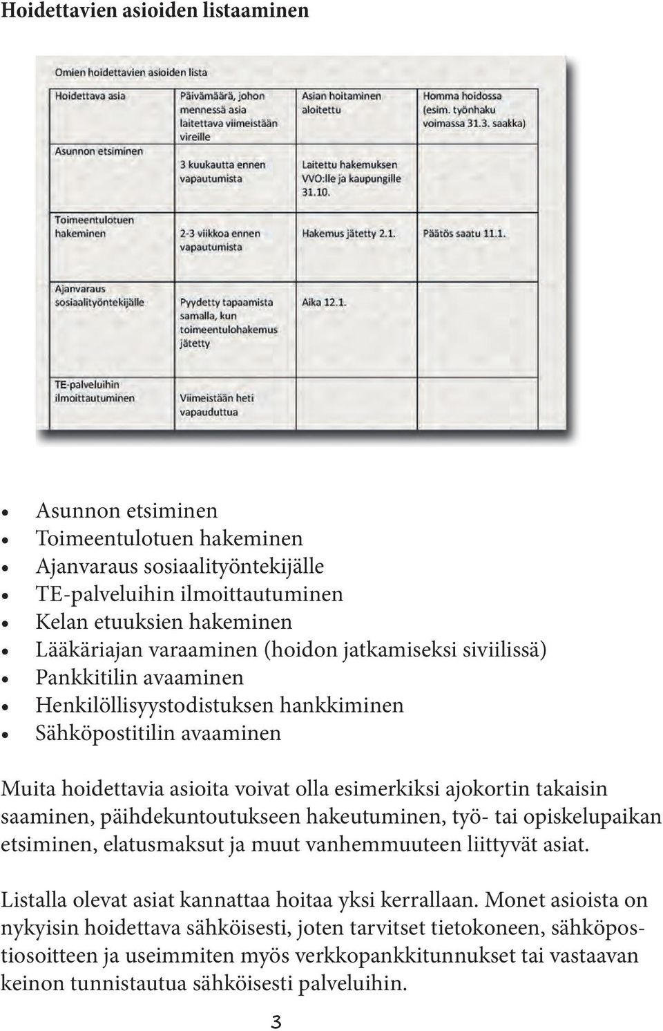 saaminen, päihdekuntoutukseen hakeutuminen, työ- tai opiskelupaikan etsiminen, elatusmaksut ja muut vanhemmuuteen liittyvät asiat. Listalla olevat asiat kannattaa hoitaa yksi kerrallaan.