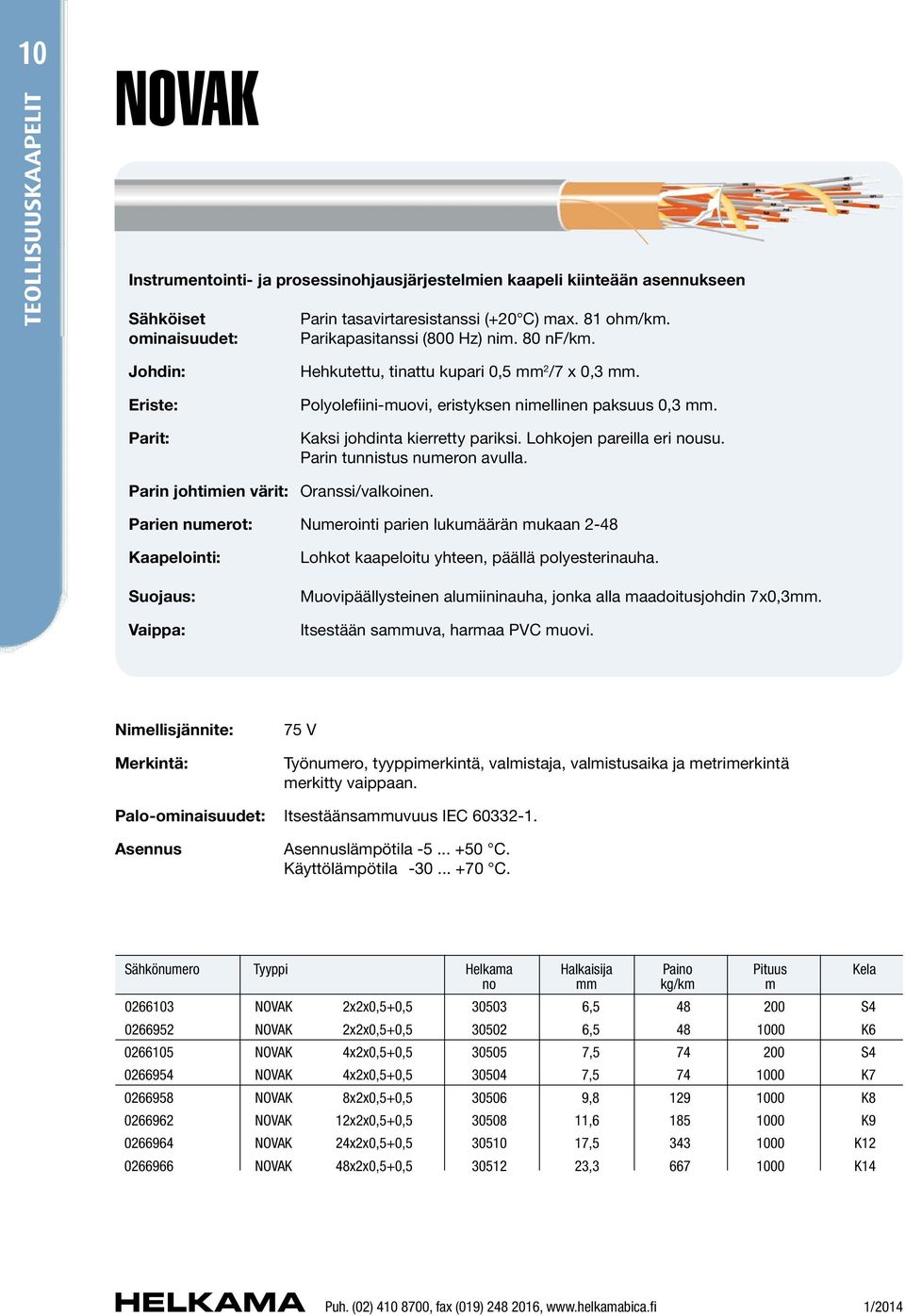 Lohkojen pareilla eri nousu. Parin tunnistus numeron avulla. Parin johtimien värit: Oranssi/valkoinen.