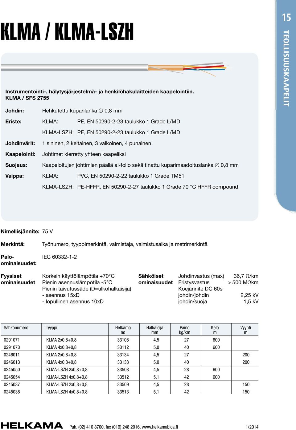 1 sininen, 2 keltainen, 3 valkoinen, 4 punainen Johtimet kierretty yhteen kaapeliksi Kaapeloitujen johtimien päällä al-folio sekä tinattu kuparimaadoituslanka [ 0,8 mm Vaippa: KLMA: PVC, EN