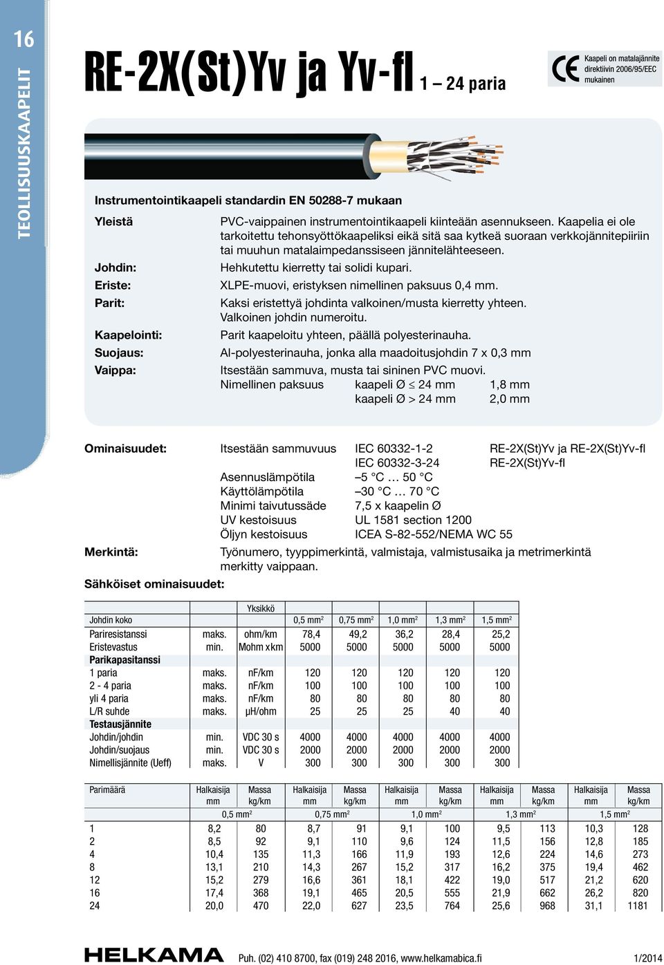 Eriste: XLPE-muovi, eristyksen nimellinen paksuus 0,4 mm. Parit: Kaksi eristettyä johdinta valkoinen/musta kierretty yhteen. Valkoinen johdin numeroitu.