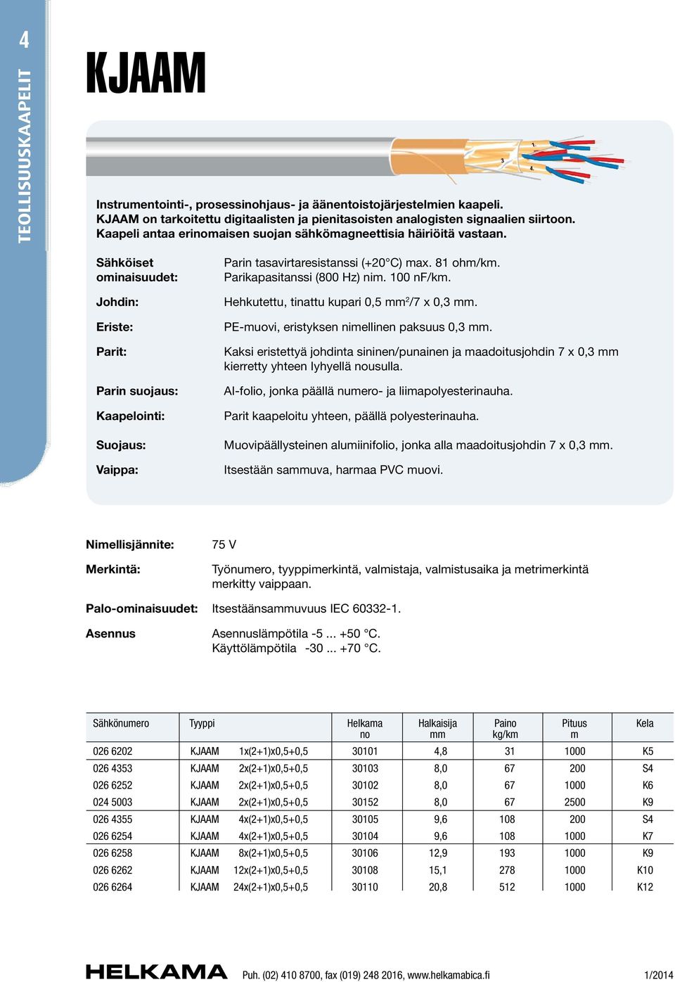 Sähköiset ominaisuudet: Johdin: Eriste: Parit: Parin suojaus: Kaapelointi: Suojaus: Vaippa: Parin tasavirtaresistanssi (+20 C) max. 81 ohm/km. Parikapasitanssi (800 Hz) nim. 100 nf/km.