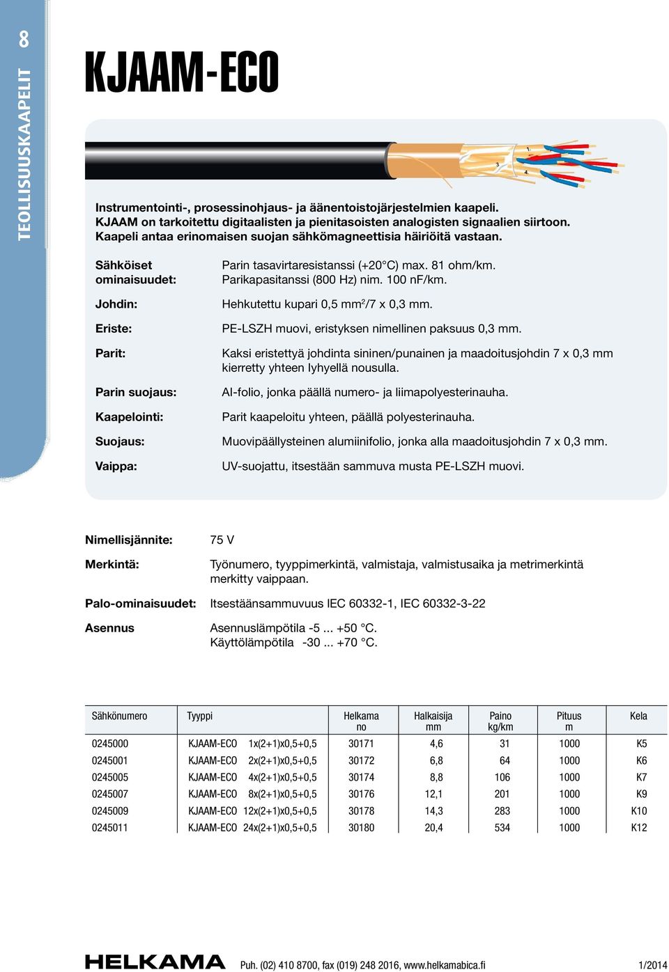 Sähköiset ominaisuudet: Johdin: Eriste: Parit: Parin suojaus: Kaapelointi: Suojaus: Vaippa: Parin tasavirtaresistanssi (+20 C) max. 81 ohm/km. Parikapasitanssi (800 Hz) nim. 100 nf/km.