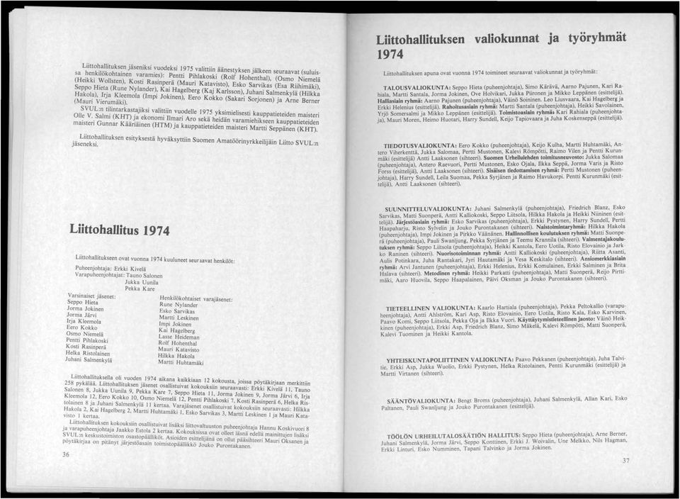 Juhani Salmenkylä (Hilkk~ (Mauri Vierumäki). en, ero okko (Sakan Sorjonen) ja Arne Berner SVUL:n tilintarkastajiksi valittiin vu d II 1975 '". Oll~ V.. Salmi (KHT) ja ekonomi I1mar~ ~r;.. y~s~.