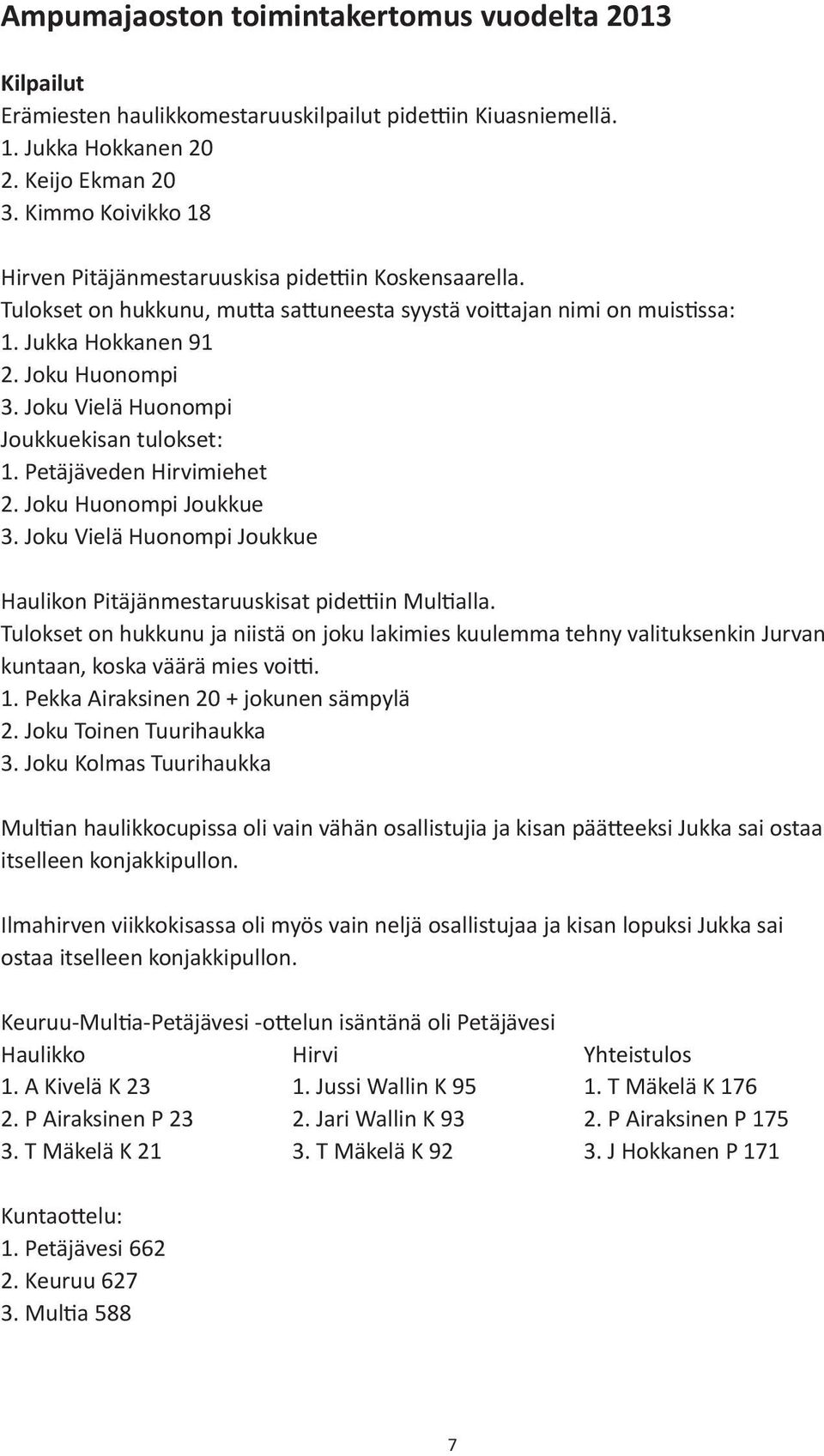 Joku Vielä Huonompi Joukkuekisan tulokset: 1. Petäjäveden Hirvimiehet 2. Joku Huonompi Joukkue 3. Joku Vielä Huonompi Joukkue Haulikon Pitäjänmestaruuskisat pidettiin Multialla.