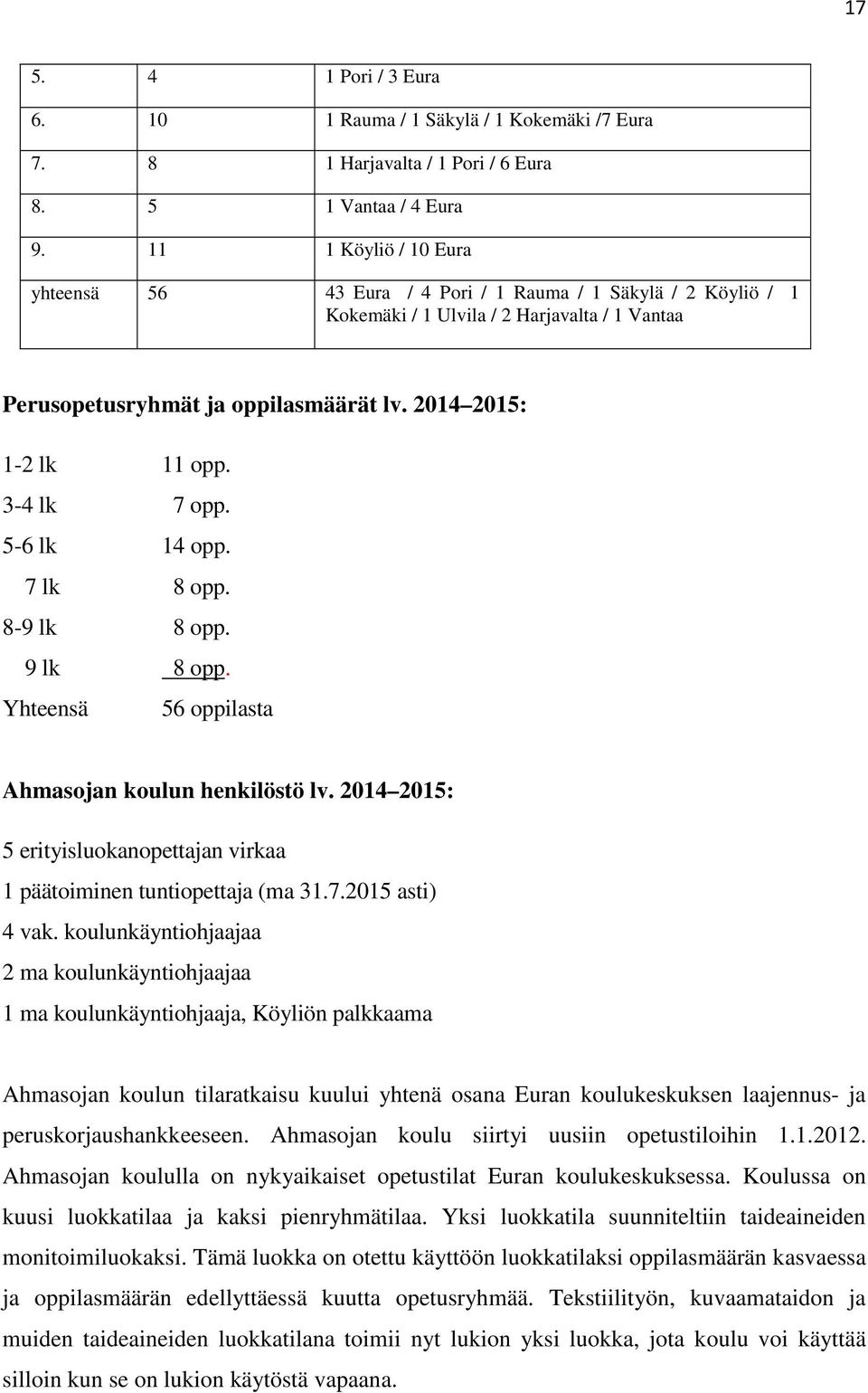 3-4 lk 7 opp. 5-6 lk 14 opp. 7 lk 8 opp. 8-9 lk 8 opp. 9 lk 8 opp. Yhteensä 56 oppilasta Ahmasojan koulun henkilöstö lv. 2014 2015: 5 erityisluokanopettajan virkaa 1 päätoiminen tuntiopettaja (ma 31.