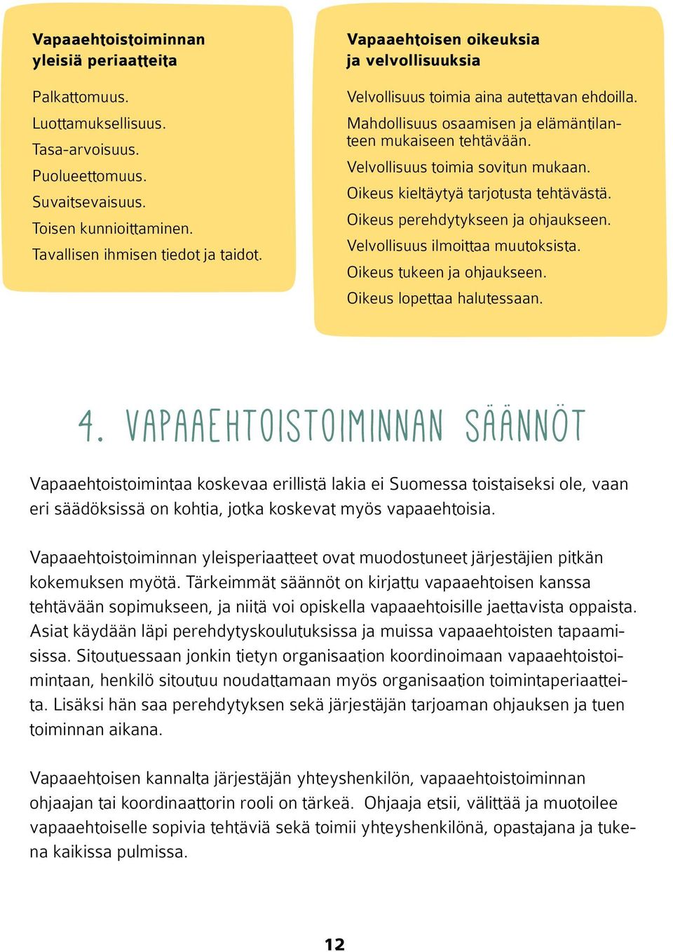 Oikeus kieltäytyä tarjotusta tehtävästä. Oikeus perehdytykseen ja ohjaukseen. Velvollisuus ilmoittaa muutoksista. Oikeus tukeen ja ohjaukseen. Oikeus lopettaa halutessaan. 4.