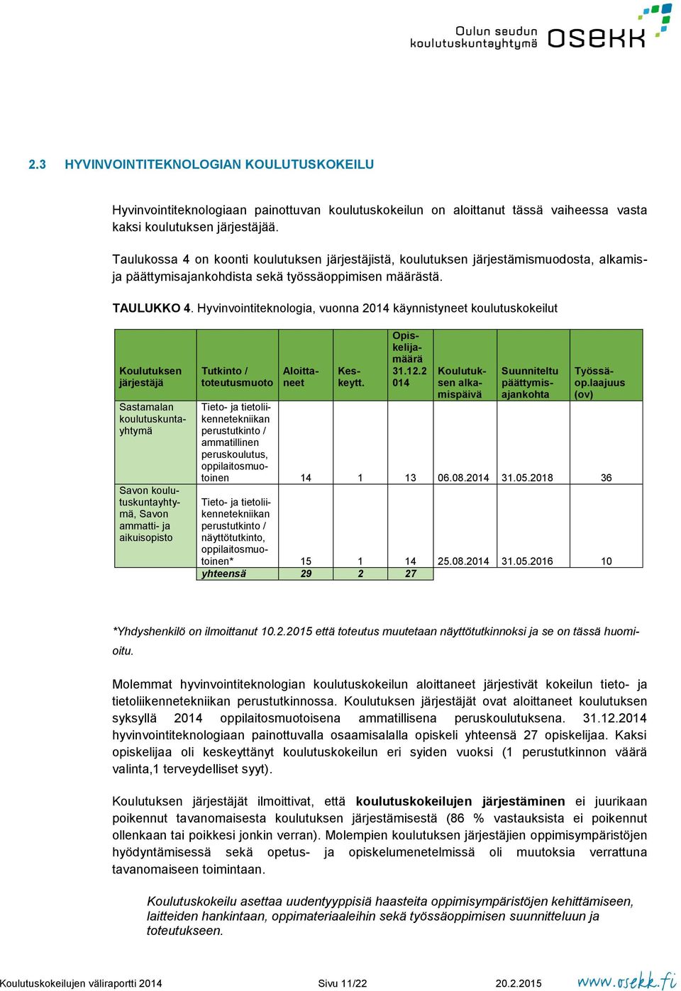 Hyvinvointiteknologia, vuonna 2014 käynnistyneet koulutuskokeilut Koulutuksen järjestäjä Sastamalan koulutuskuntayhtymä Savon koulutuskuntayhtymä, Savon ammatti- ja aikuisopisto Tutkinto /