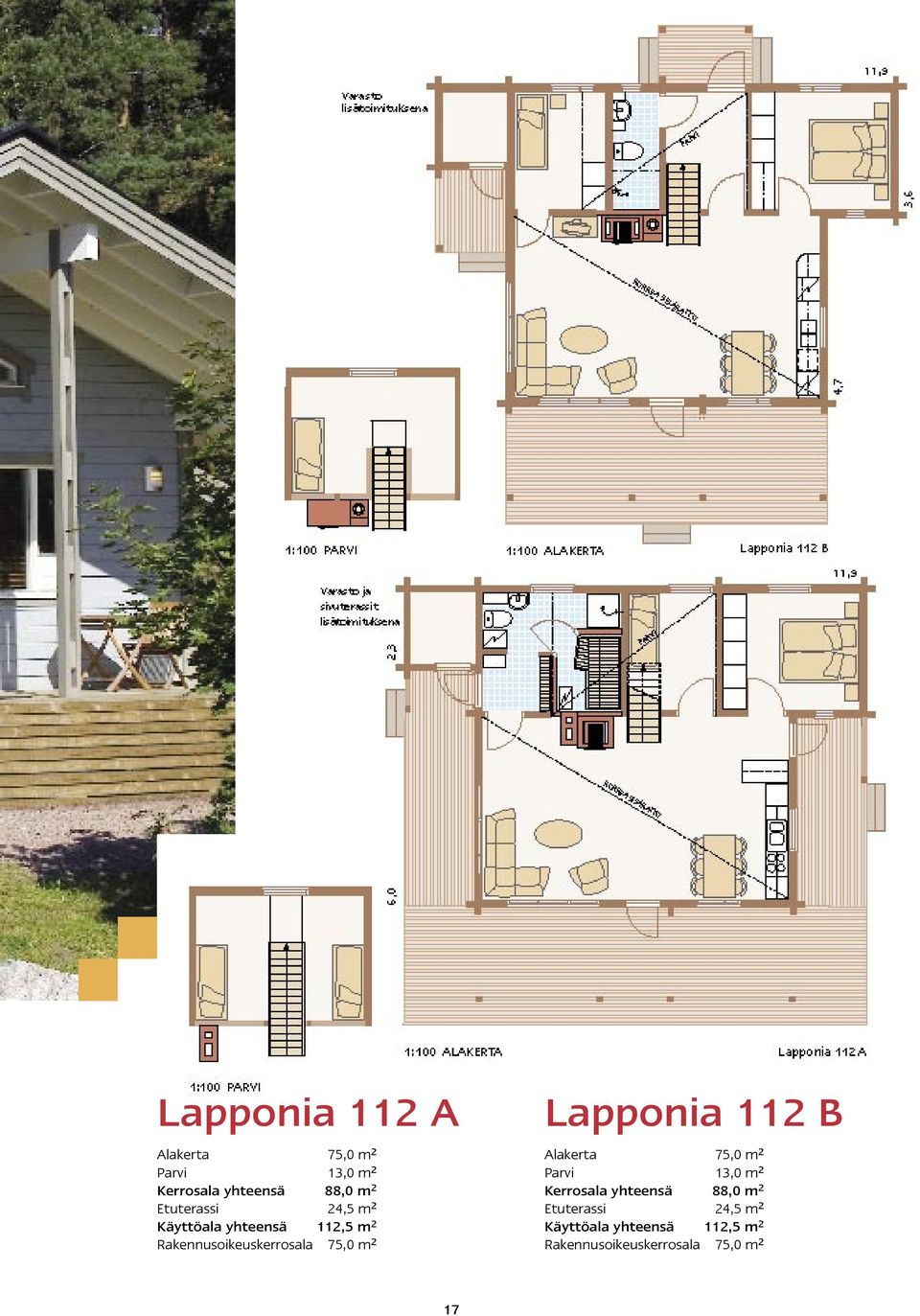 2 Lapponia 112 B Alakerta 75,0 m 2 Parvi 13,0 m 2 Kerrosala yhteensä 88,0 m 2 