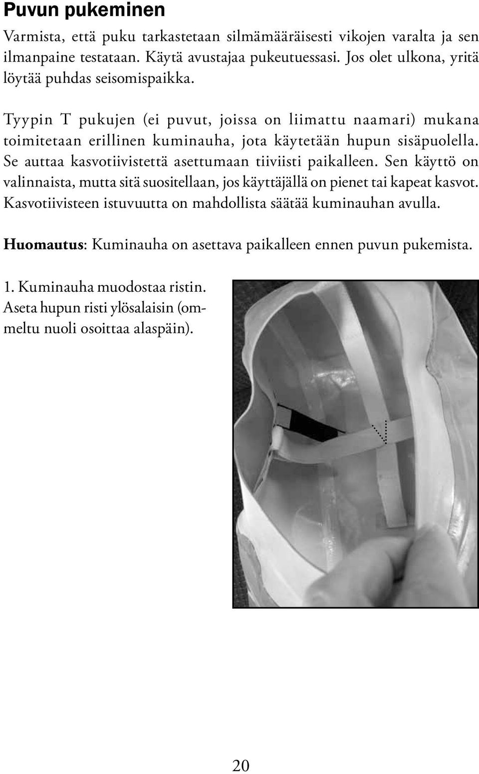 Tyypin T pukujen (ei puvut, joissa on liimattu naamari) mukana toimitetaan erillinen kuminauha, jota käytetään hupun sisäpuolella.